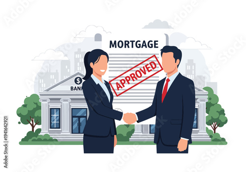 Flat vector illustration of bank approving mortgage loan while client handshake with bank officer. Financial approval and real estate purchase concept