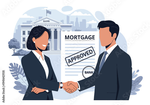 Flat vector illustration of bank approving mortgage loan while client handshake with bank officer. Financial approval and real estate purchase concept