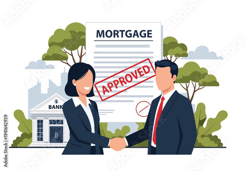 Flat vector illustration of bank approving mortgage loan while client handshake with bank officer. Financial approval and real estate purchase concept