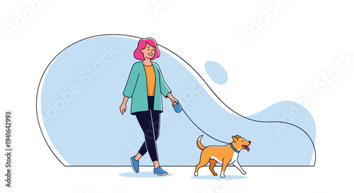 Cheerful woman with pink hair walks her happy brown dog on a leash against a simple blue and white abstract background illustration.