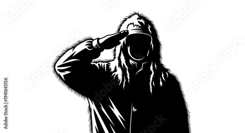 Mysterious Figure in Fur Hood Salutes, Silhouette, Black and White