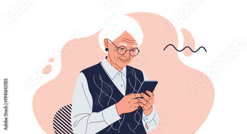 Elegant senior woman with grey hair and glasses smiles while using her smartphone against a soft pink abstract shape background.