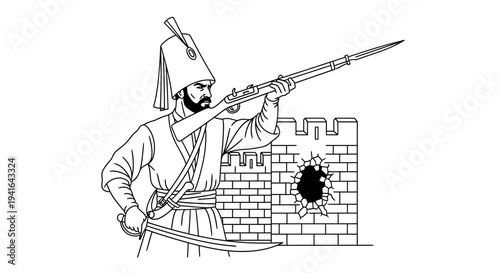 Ottoman soldier aiming rifle from fortress, historical military illustration