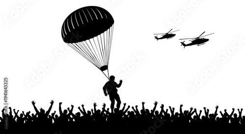 Parachutist Landing Amidst Cheering Crowd with Helicopters Overhead
