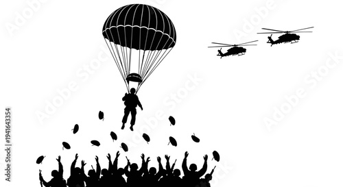 Paratrooper Drops Supplies to Crowd Below, Helicopters Overhead, Silhouette