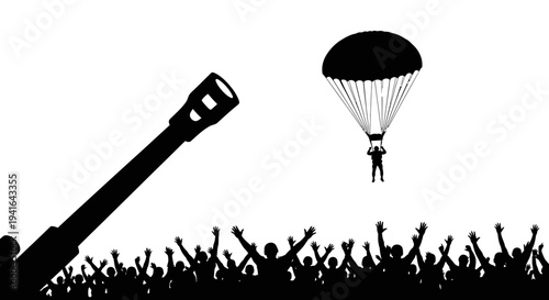 Paratrooper Jumps from Cannon Barrel with Cheering Crowd Silhouette