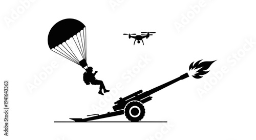 Paratrooper Jumps from Cannon Fired by Drone, Military Technology Concept