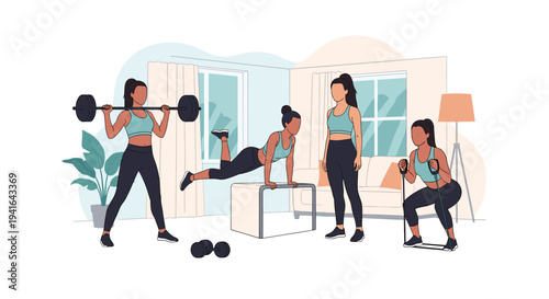 Group of women perform various fitness exercises including weightlifting, planks, and squats in a bright and spacious home living room.