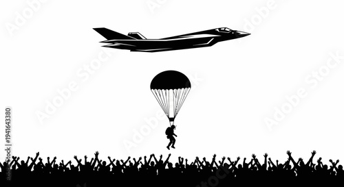 Paratrooper Jumps from Jet over Cheering Crowd, Military Airshow Spectacle