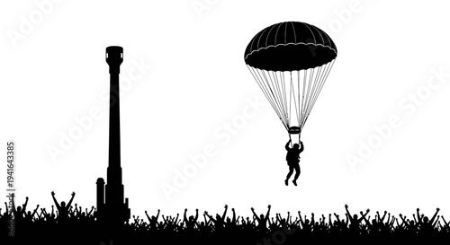 Paratrooper Jumps From Tower Silhouette Over Cheering Crowd