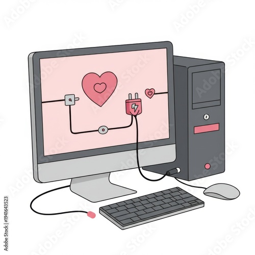 Desktop Computer with Heart Illustration on Monitor Screen in Pastel Colors