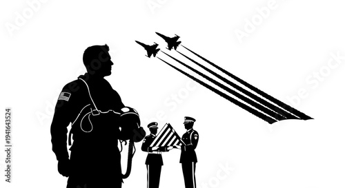 Pilot Silhouette, Honor Guard, American Flag, Fighter Jets Flyover