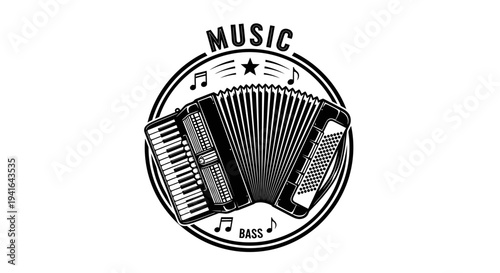 Black and White Accordion Illustration with Music Notes.