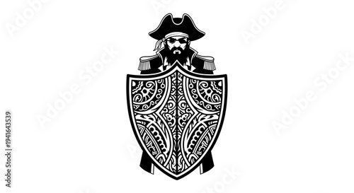 Pirate Captain Emblem with Ornate Shield, Black and White Vector Art