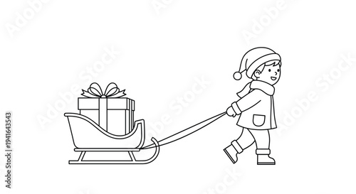 Simple black and white line drawing depicts a young boy in winter clothes pulling a sleigh carrying a large wrapped Christmas gift.