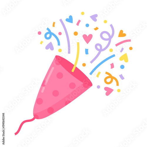 Party popper with confetti, streamers and hearts bursting in the air. Cute festive illustration on light background. Celebration concept for birthday, holiday, greeting card, invitation or decoration