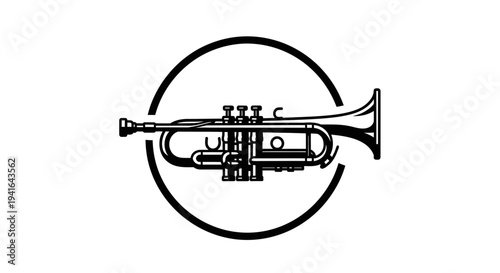 Black and White Trumpet Illustration Inside Circle.