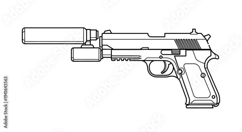 Pistol with Silencer and Tactical Light - Line Art Illustration