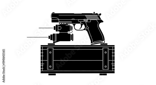 Pistol with Laser Sight and Tactical Light Mounted on Wooden Crate - Black and White Illustration