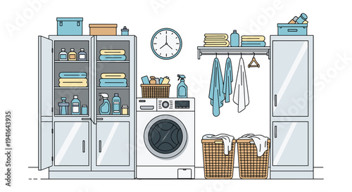 Organized laundry room interior includes a front-loading washing machine, storage cabinets, laundry baskets, and cleaning supplies.