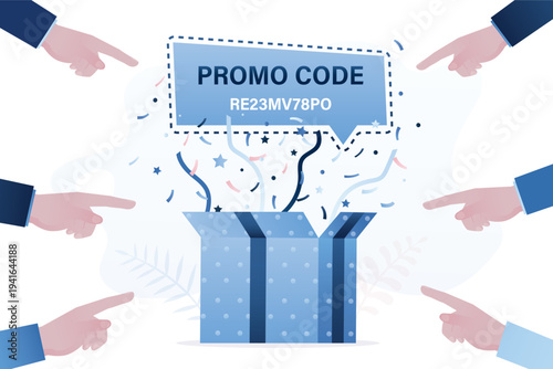 Promo code, discount, sale, marketing campaign. Sellers hands pointing gift box and extra bonus label. Surprise gift, promotion. Loyalty program.