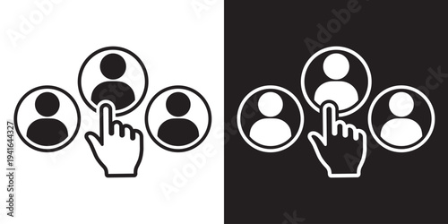 Human resource selection icon. Hand pointing at a specific user profile among a group. Represents choosing a candidate, recruitment, hiring, or selecting a person for a team or task.