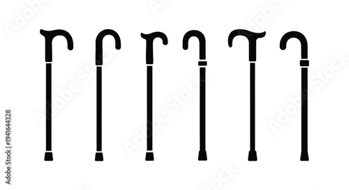 A row of six black walking sticks presented as a stark silhouette