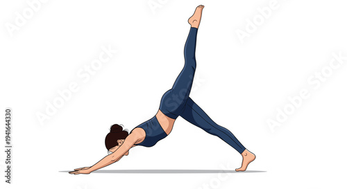 Fit young woman in blue sportswear performs a difficult one-legged downward facing dog yoga pose on a plain background.