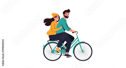 Happy young man and woman enjoy a fun bike ride together on a single bicycle against a clean white background illustration.