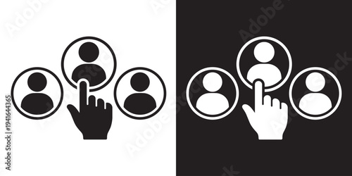 Human resource selection icon. Hand pointing at a specific user profile among a group. Represents choosing a candidate, recruitment, hiring, or selecting a person for a team or task.