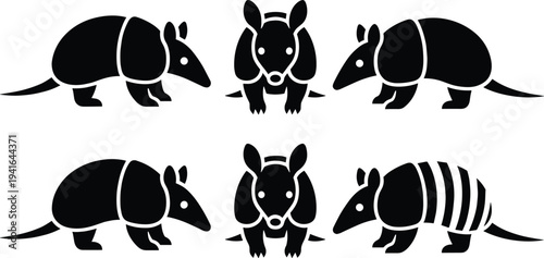 Armadillo silhouette set in multiple poses including side view and front view, black vector wildlife animal icons isolated on white background for logo design
