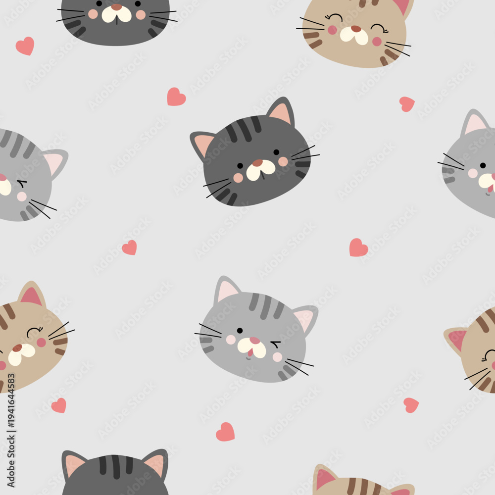 Fototapeta premium seamless cute cat heads pattern with mini heart on gray background , vector , illustration