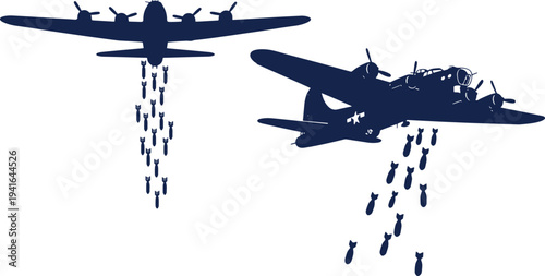 World war ii bombers dropping bombs silhouettes: vintage aircraft in action transparent background