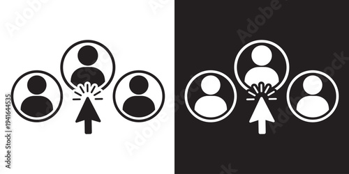 Digital user selection icon with arrow cursor. Mouse clicking on a profile avatar among a group of people. Represents user management, account selection, or online recruitment process.