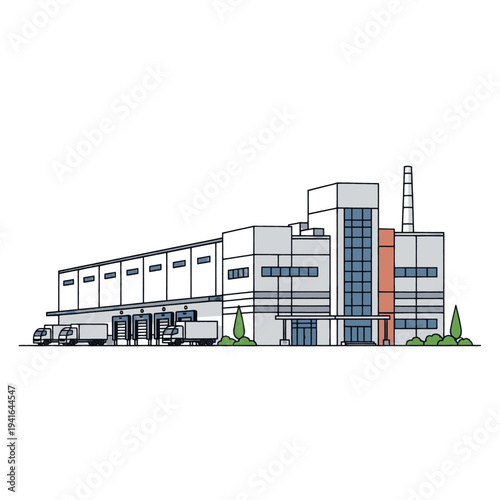 Modern Industrial Building with Truck and Chimney.