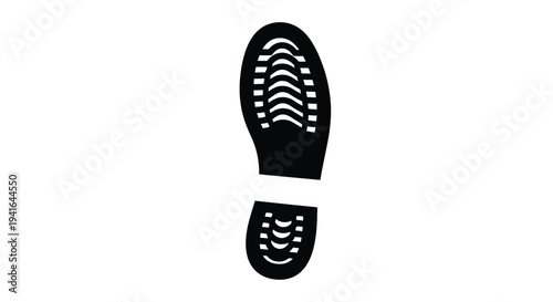 A stark black silhouette of a boot sole print on a white background