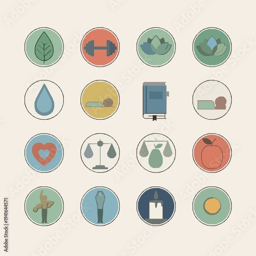 Minimal wellness lifestyle icon collection with apple leaf water balance yoga meditation candle health concept flat vector background