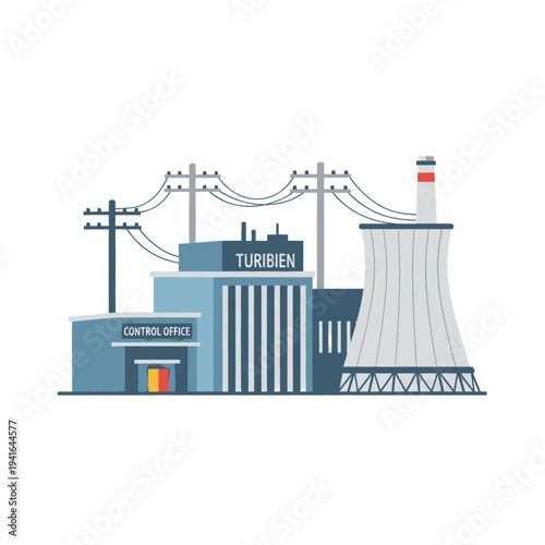 Nuclear Power Plant Illustration with Cooling Tower.