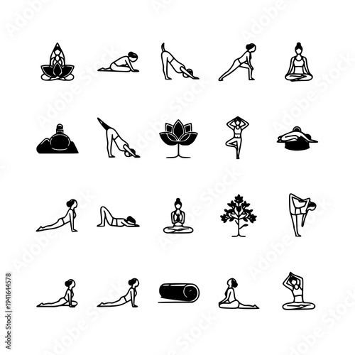 Yoga meditation pose icon set with lotus meditation stretching exercise wellness fitness lifestyle flat vector background