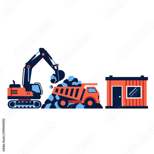 Orange Excavator Loading Debris into Truck.