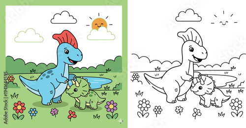  Cute Cartoon Dinosaurs Playing Outdoors by a Pond