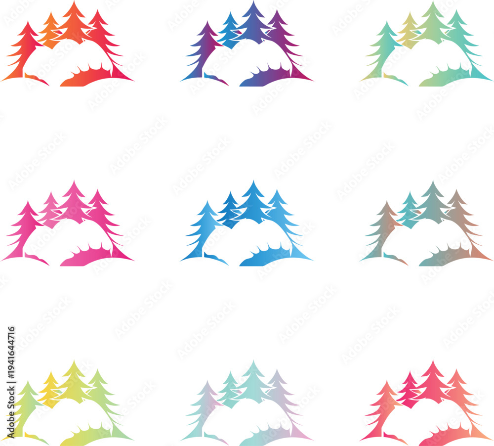Obraz premium Colorful Pine Tree Icons Set, Forest Evergreen Conifer Vector Design Elements