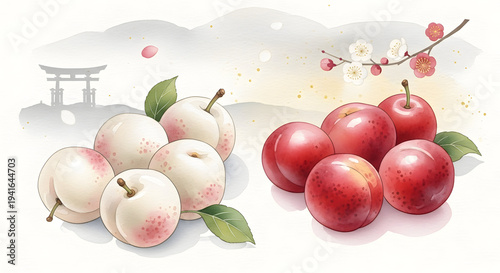 Watercolor Illustration of Fresh Red and White Plums with Japanese Torii Gate Background