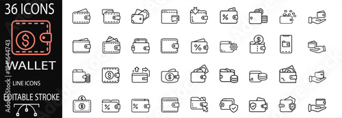 Wallet and money payment outline icon set featuring cash purse and financial transaction for digital banking and profit savings and more vector illustration or editable stroke