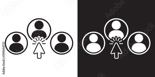 Digital user selection icon with arrow cursor. Mouse clicking on a profile avatar among a group of people. Represents user management, account selection, or online recruitment process.