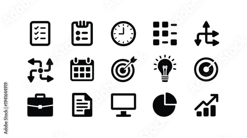 Business productivity icons set office supplies charts and graphs on white background
