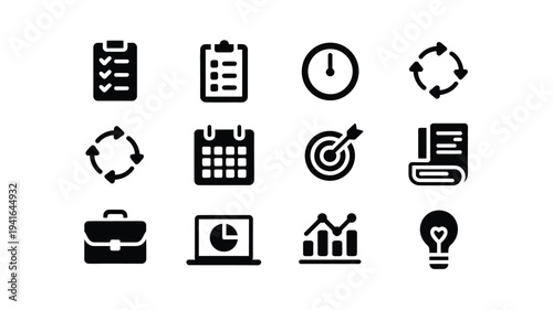 A clean grid layout of 12 solid black vector business icons on white background for productivity and management concepts