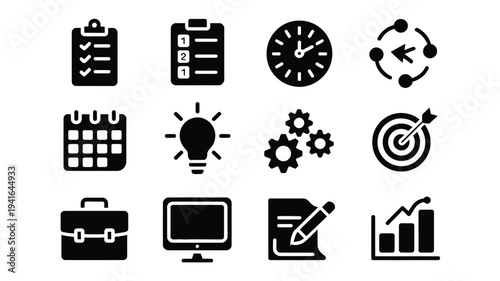 Business productivity icons set including clock calendar target briefcase computer graph and more on white background