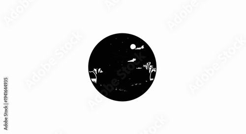 Circular silhouette of a moonlit landscape with trees