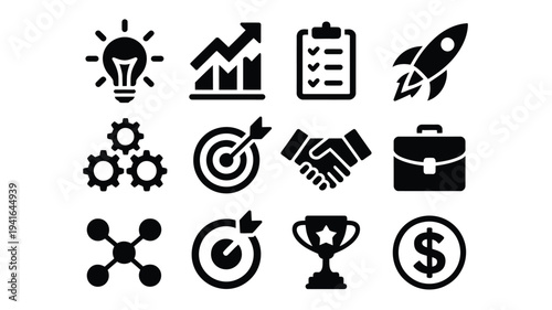 Business icons set including lightbulb graph clipboard rocket gears target handshake briefcase molecule clock trophy and dollar sign on white background for marketing and finance